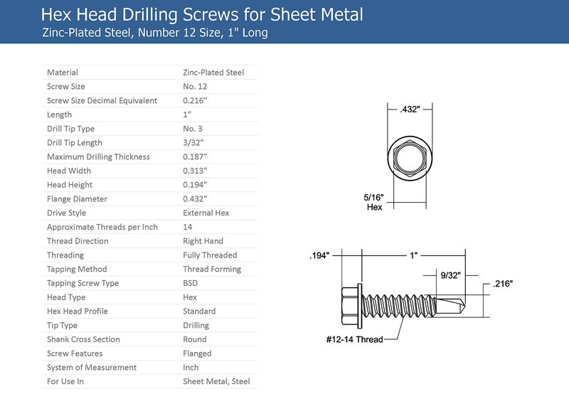 Strong-Point #12 x 1'' Hex Washer Head Self-Drilling Tek Screw Zinc Plated Steel for Attaches Sheet Metal Steel or Steel to Metal - Box of 100 - Image 2